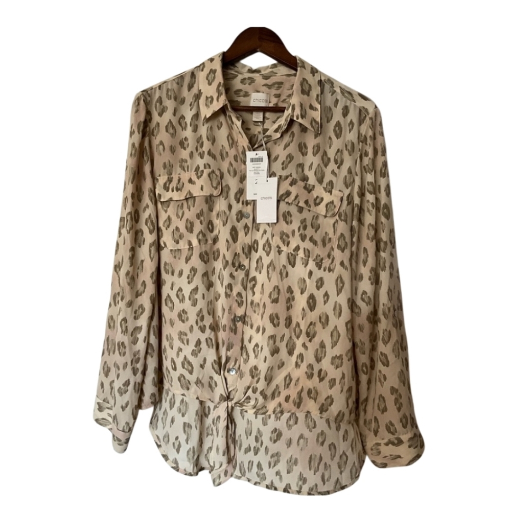 Chicos Button Up Long Sleeve Animal Print Shirt With Tie On Bottom SZ 2 L 12